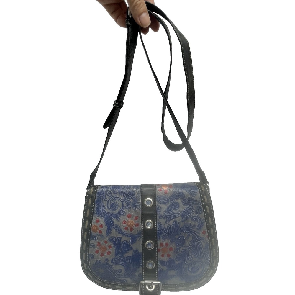 Firenze Bella Tooled Leather Hand Painted Buckle Studded Crossbody Purse Bag - Picture 3 of 14